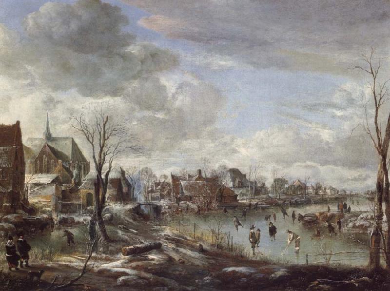  A Frozen River Near a Village,with Golfers and Skaters